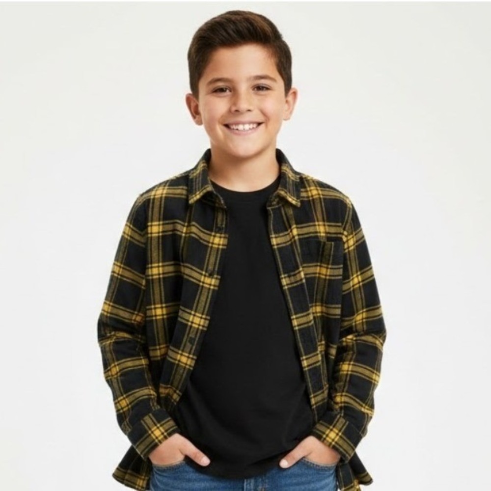 Cat Jack Kids Boys Long Sleeve Flannel Shirt Black Yellow Plaid Size L 10/12 - Picture 1 of 8